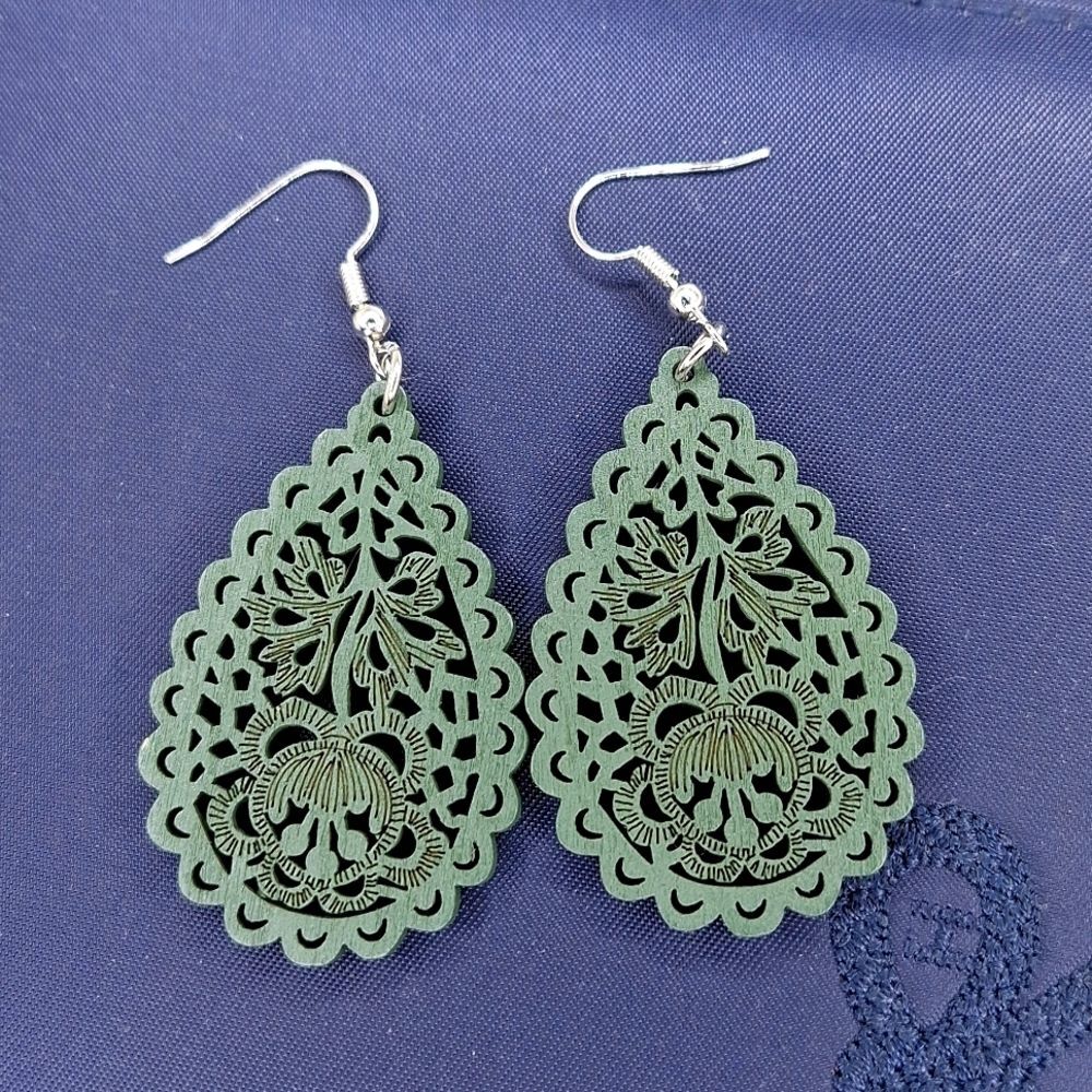 Green Boho earrings carved hollowed wood stencil lightweight